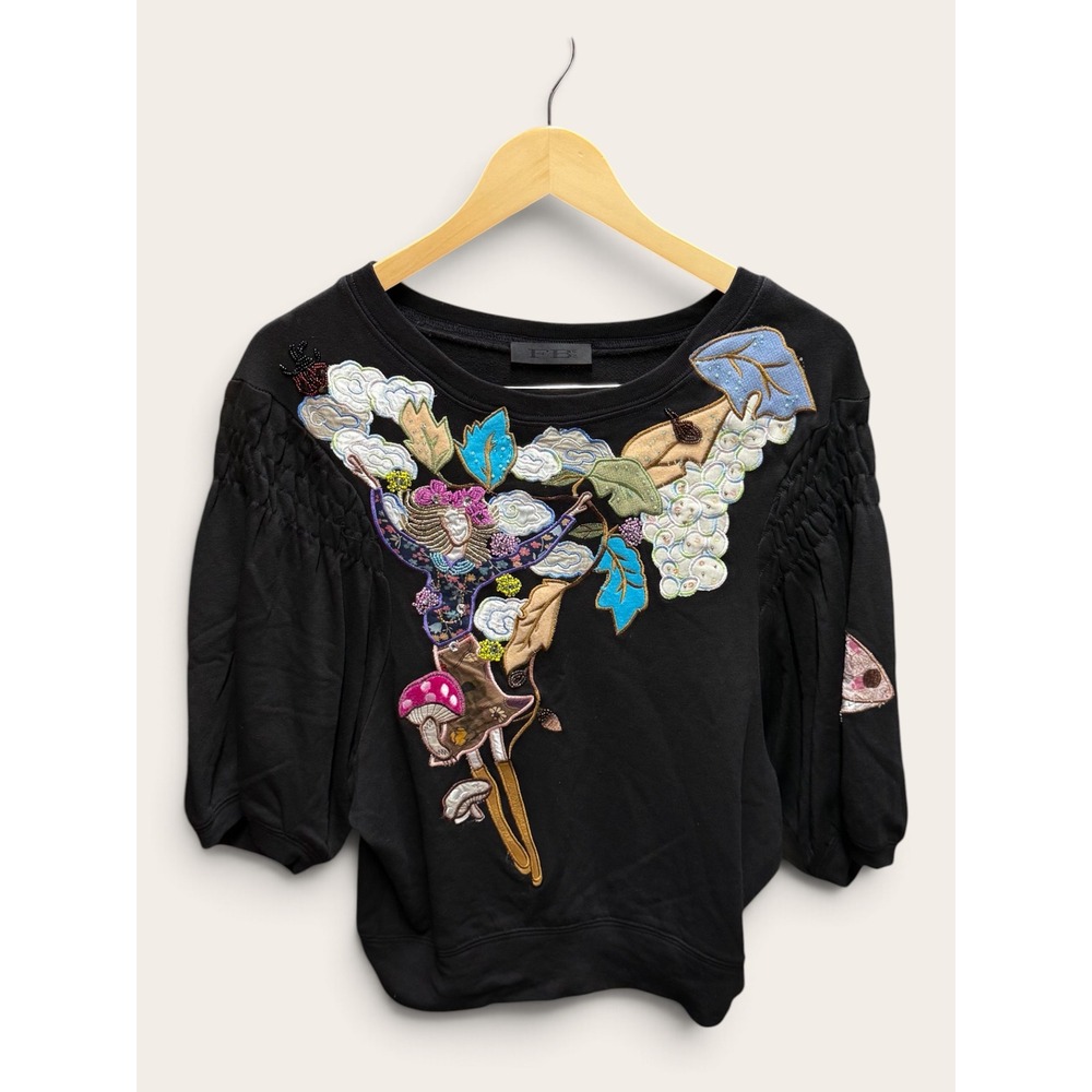 FB Sister Black Fairycore Cropped Sweatshirt Embroidered Beaded Mushroom Top